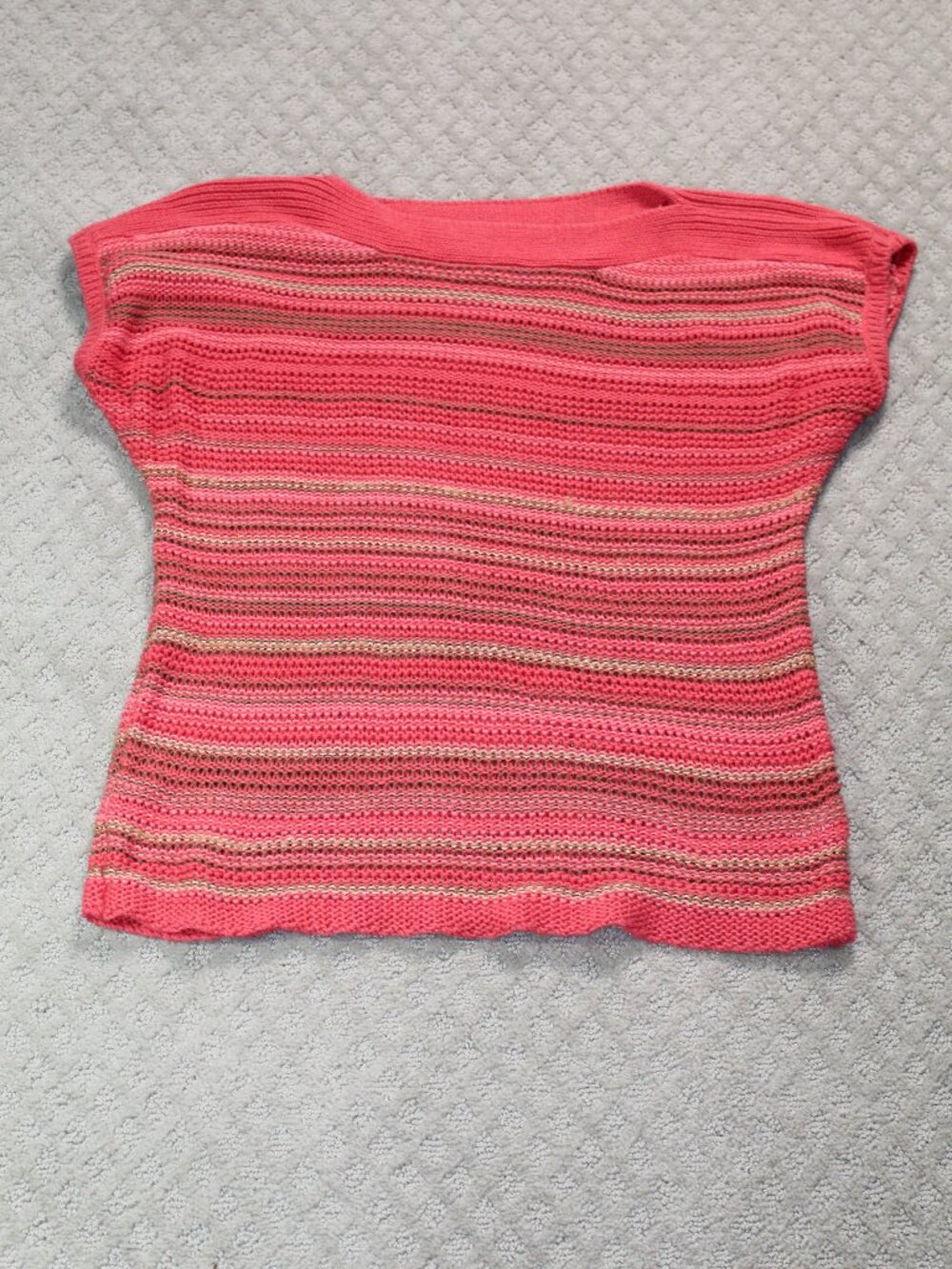Charming Charlie Size L Salmon Green Stiped 100% Cotton Short Sleeve Sweater